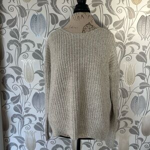 Light Gray Crew Neck Sweater with Plunge Back Detail